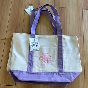 Trader Joe’s Cream and Purple Canvas Large Tote Bag.